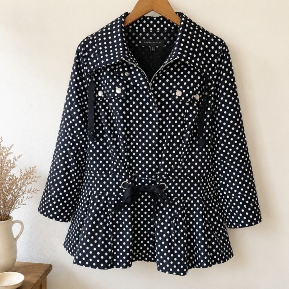 Laura Ashley Polka Dot Peplum Jacket Womens L Black White Zip Snap